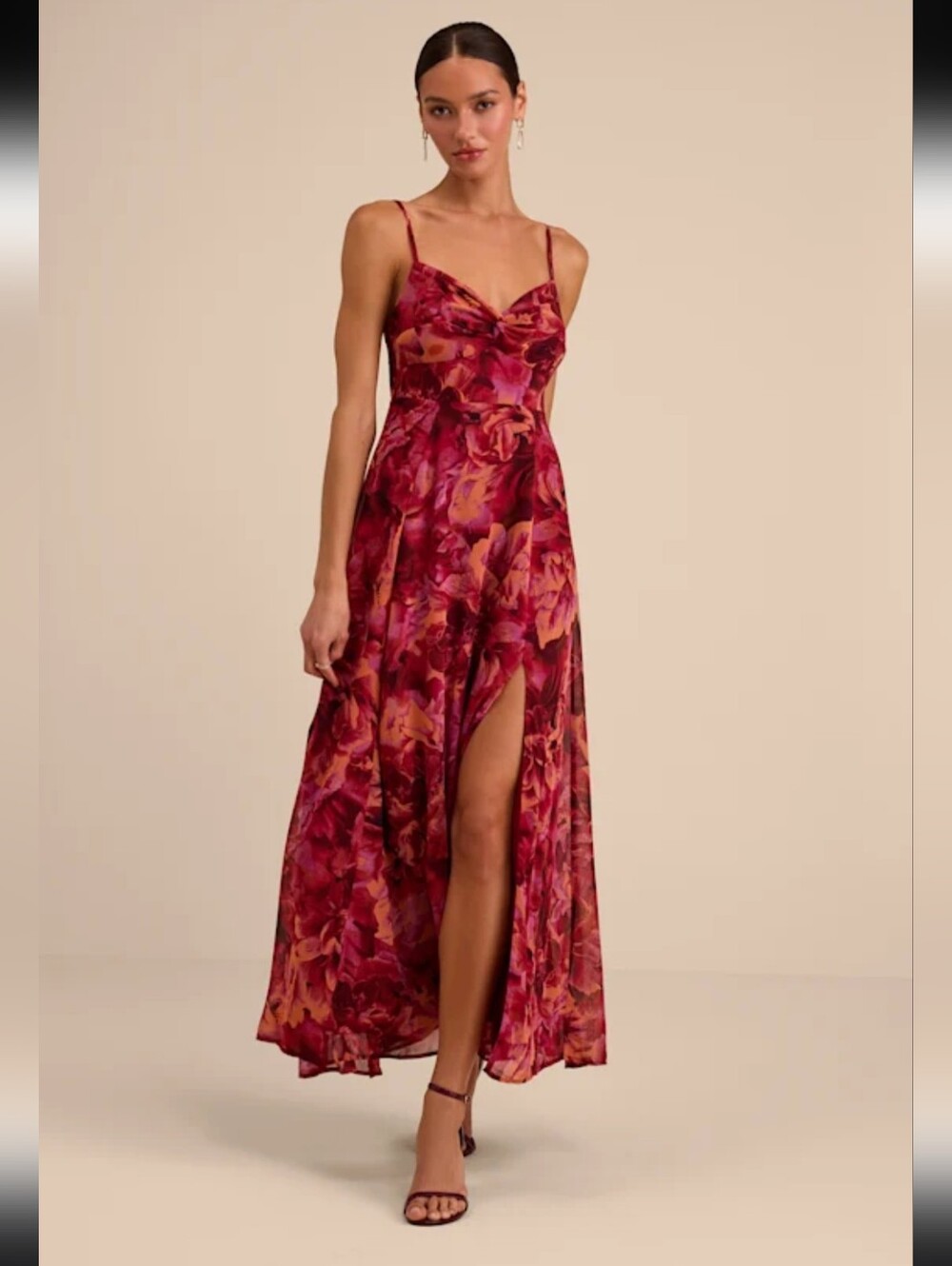 Lulus Beautiful Soul Burgundy Floral Print Twist-Front Maxi Dress - Picture 9 of 14